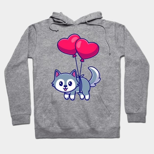 Cute Husky Dog Floating With Heart Balloons Hoodie by Catalyst Labs
